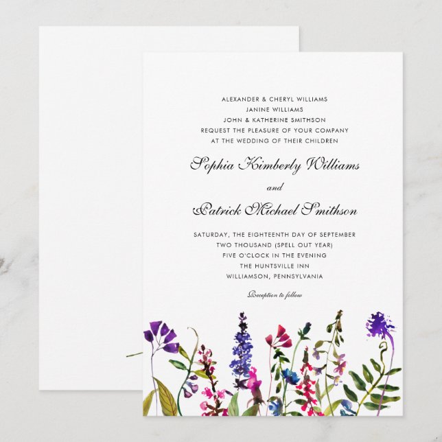 Wildblume | 3 Hochzeitseltern für Sets Einladung (Vorne/Hinten)