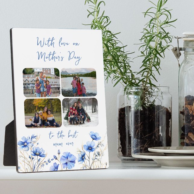 Wildblume 4 Foto Collage Blumenmutter Tag Fotoplatte (Mother's Day Photo Display for Mum with 4 photo collage, pretty flowers and editable wording)