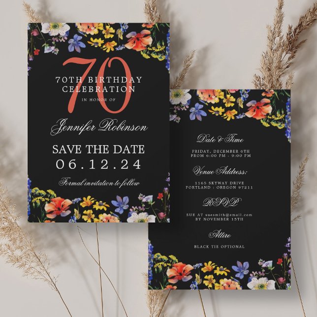 Wildblume 70. Geburtstag Rett Daten Schwarz Einladung (Wildflower 70th Birthday Save Date Details Black Invitation)