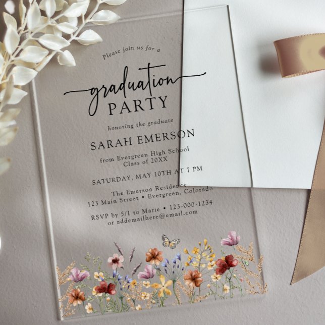 Wildblume Abschluss Akryllische Einladung (Wildflower Graduation Acrylic Party Invitation with Butterfly by Painted Paperie
)