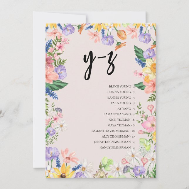 Wildblume Alphabet Sitzkarte Hochzeitkarte Einladung (Vorderseite)