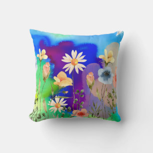 Wildblume Aquarell Moderne blaue Kunst Kissen
