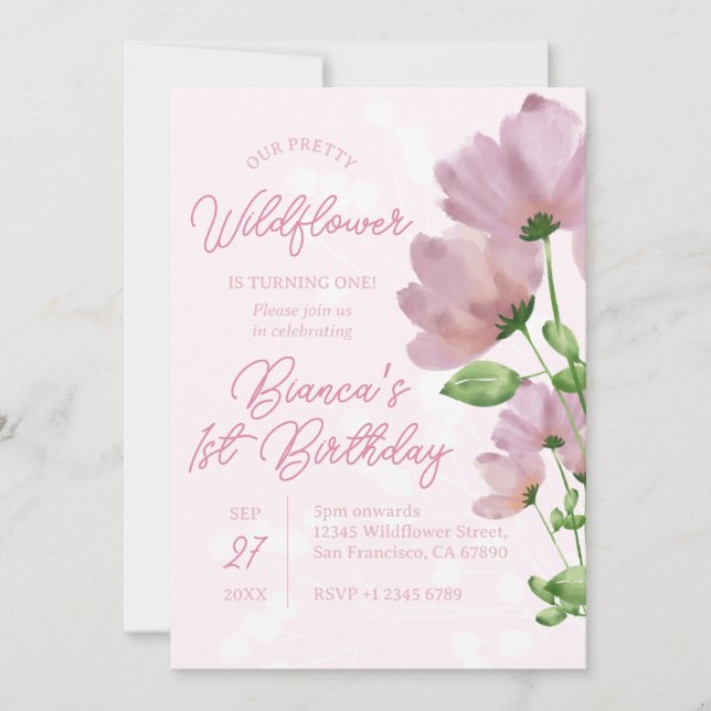 Wildblume Aquarell Rosa 1. Geburtstag Einladung (Vorderseite)