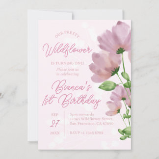 Wildblume Aquarell Rosa 1. Geburtstag Einladung