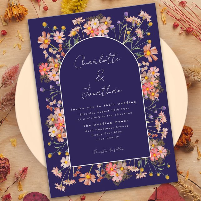 Wildblume Arch Navy Blaue Terrakotta Hochzeit im H Einladung (Wildflower arch boho script navy blue burnt Orange terracotta fall wedding 
Invitation )
