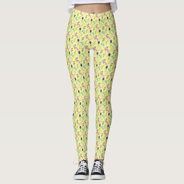 Wildblume auf gelben Print-Multiprint-Leggings Leggings (Vorderseite)