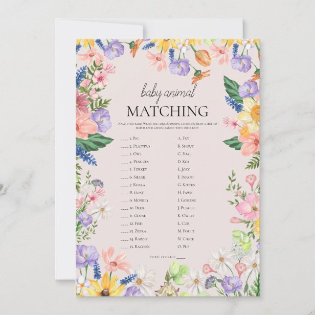 Wildblume Baby Animal Matching Game Card Einladung (Vorderseite)