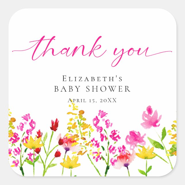 Wildblume Baby Dusche Aquarell Pink Danke Quadratischer Aufkleber (Vorderseite)