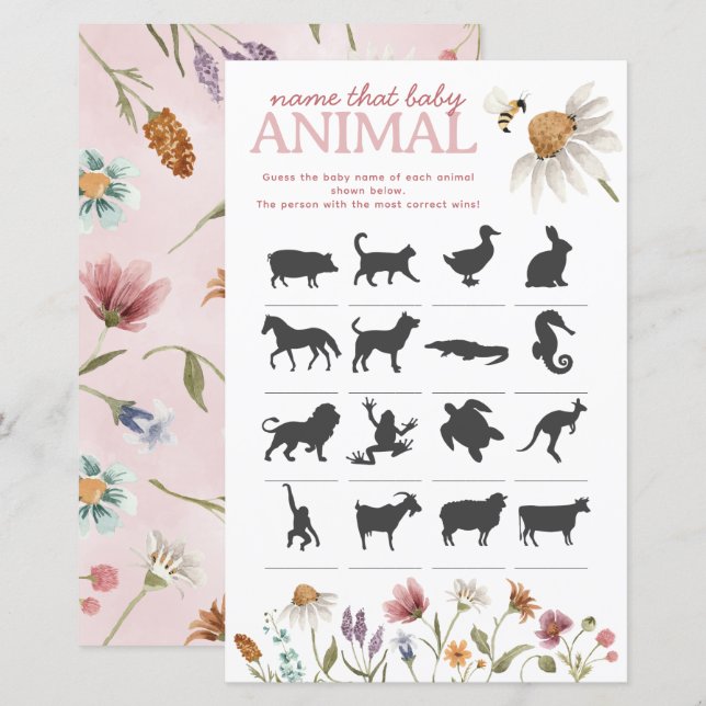 Wildblume Baby Dusche Name the Baby Animal Game (Vorne/Hinten)