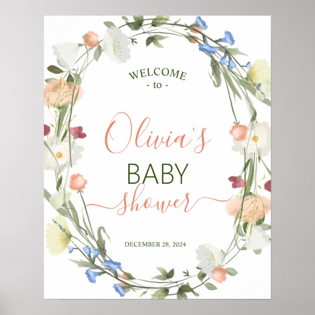 Wildblume Baby Dusche WELCOME Zeichen Poster (Vorne)