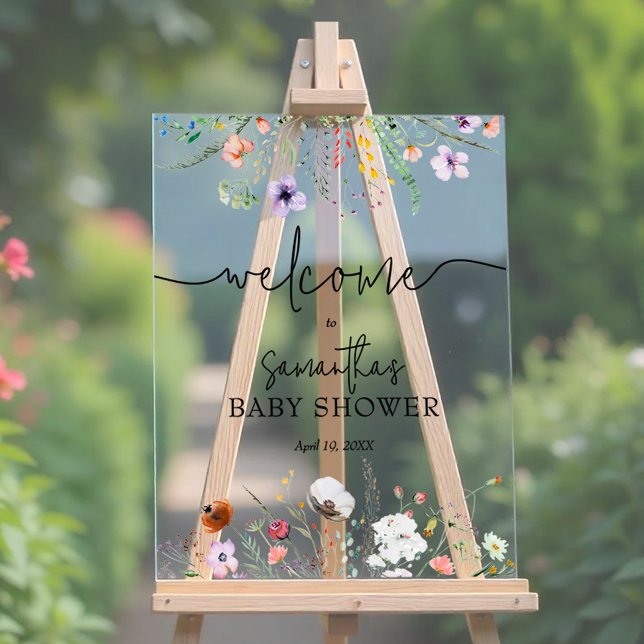 Wildblume Baby Dusche Willkommen Acrylschild (Wildflower baby shower Welcome acrylic sign, choose any size)