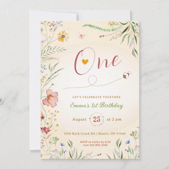 Wildblume Baby Girl 1. Einladung (Vorderseite)