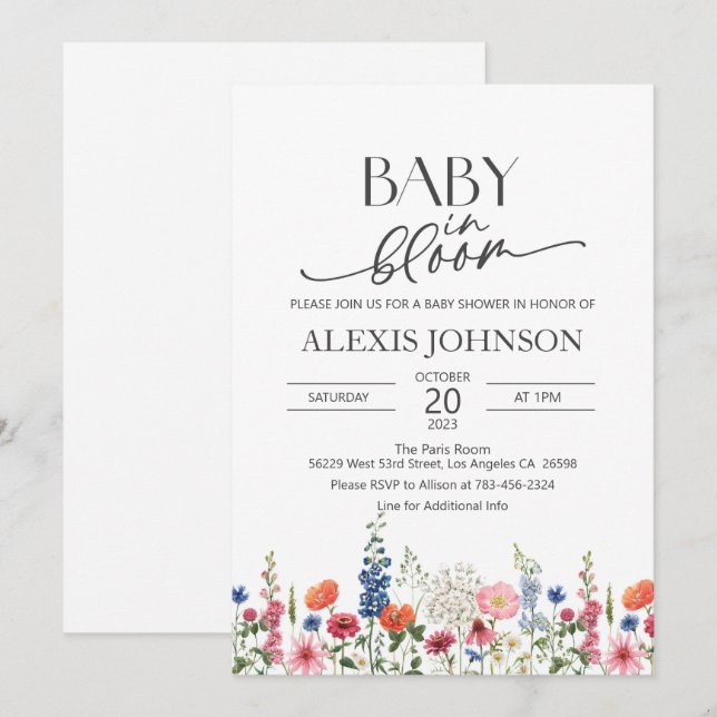 Wildblume Baby in Bloom Baby Dusche Einladung (Vorne/Hinten)
