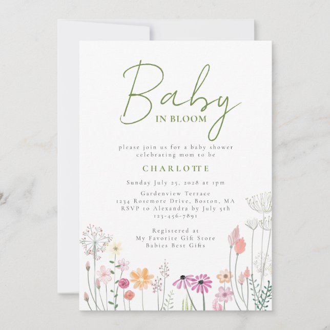 Wildblume Baby in Bloom Baby Dusche Einladung (Vorderseite)