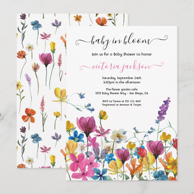 Wildblume Baby in Bloom Baby Dusche Einladung (Vorne/Hinten)
