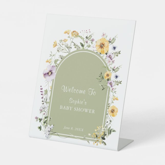 Wildblume Baby in Bloom Baby Dusche Willkommen Sockelschild (Vorderseite)