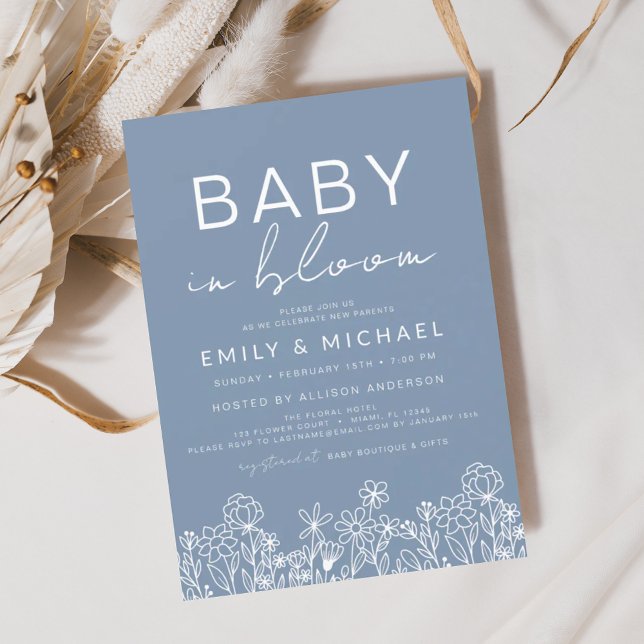 Wildblume Baby in Bloom Baby Shower Dusty Blue Einladung (Von Creator hochgeladen)