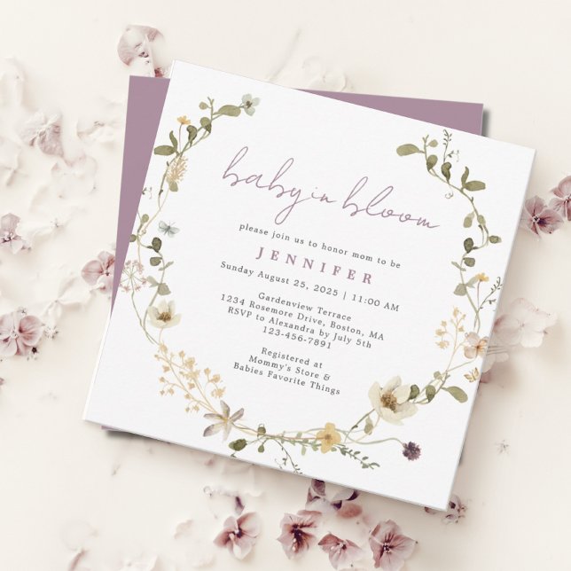 Wildblume Baby in Bloom Dusty Lila Baby Dusche Einladung (Von Creator hochgeladen)