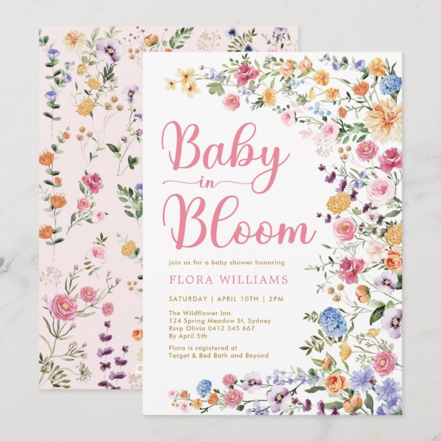 Wildblume Baby in Bloom Girl Dusche Einladung (Vorne/Hinten)