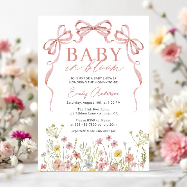 Wildblume Baby in Bloom Pink Bow Girl Dusche Einladung (Von Creator hochgeladen)