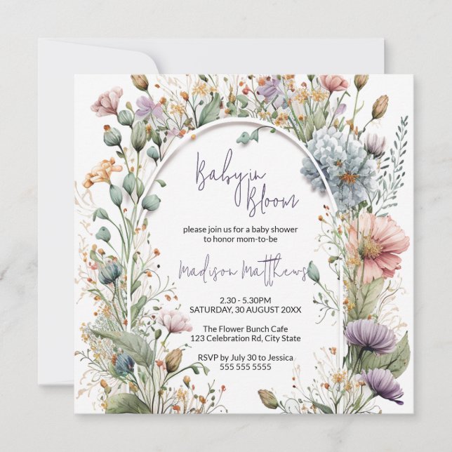 Wildblume Baby in Bloom Watercolor Kinderdusche Einladung (Vorderseite)