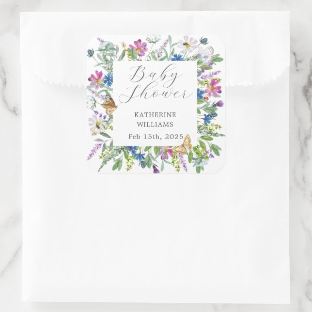 Wildblume Baby in Blütendusche Quadratischer Aufkleber (Tasche)