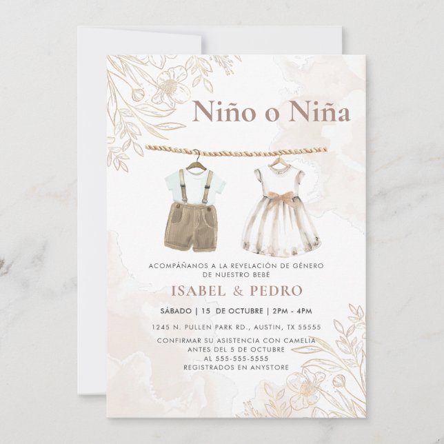 Wildblume Baby Kleidung Spanisch Gender Reveal Einladung (Vorderseite)