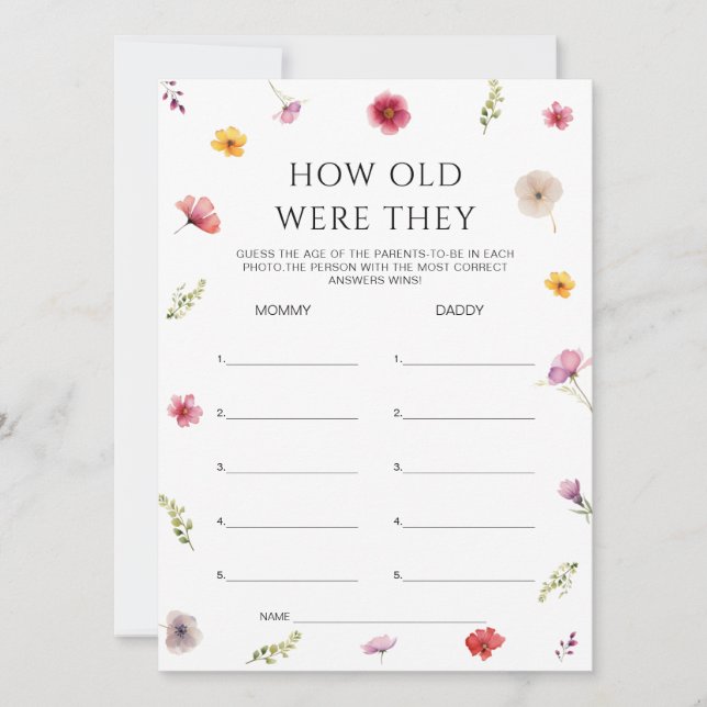Wildblume Baby Showroom Guess Age Game Card Einladung (Vorderseite)