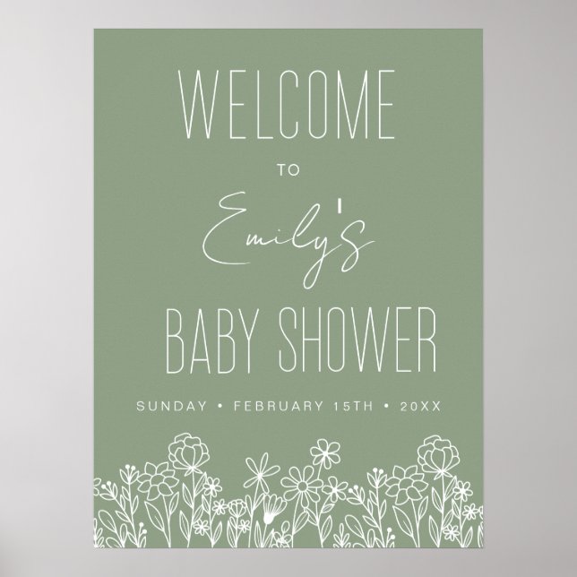 Wildblume Babydusche Begrüßungsanzeige Grün Poster (Vorne)