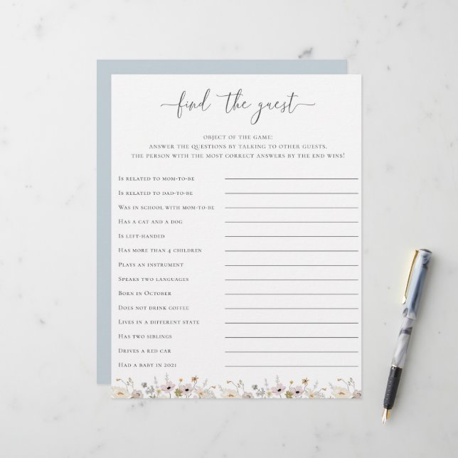 Wildblume Babydusche finden Game (Vorderseite/Rückseite Beispiel)