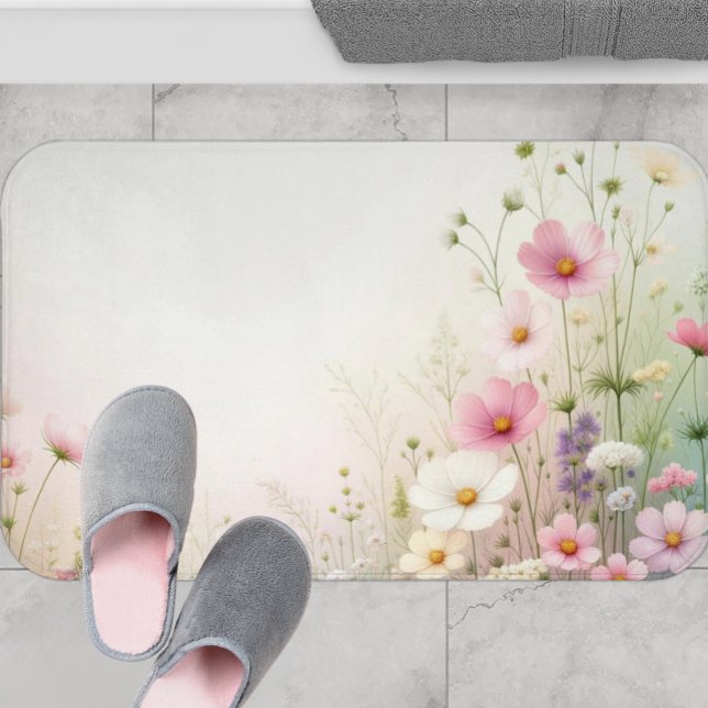 Wildblume Badematte, Kerne Badewanne Rucksack Badematte (Watercolor floral bath mat with pink wildflowers on a soft pastel background, cottagecore style.)