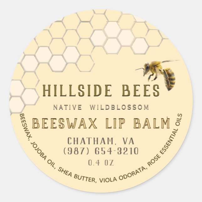 Wildblume BeesWachs Lip Balm Label Honeycomb & Bie Runder Aufkleber (Vorderseite)