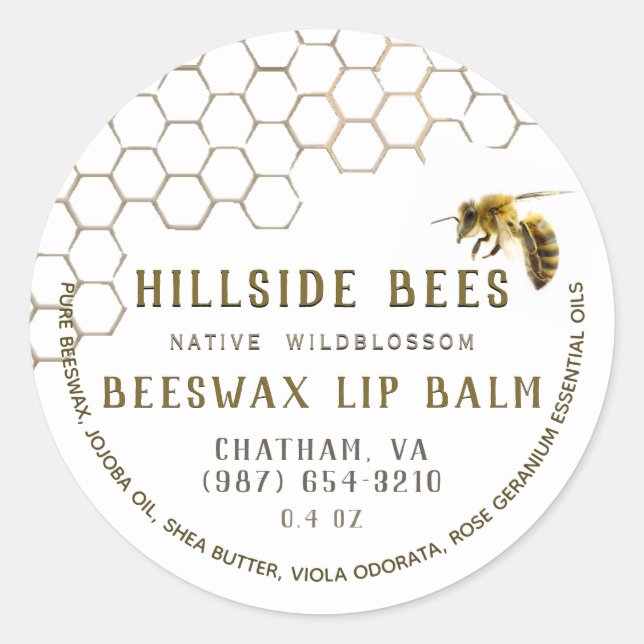 Wildblume BeesWachs Lip Balm Label Honeycomb & Bie Runder Aufkleber (Vorderseite)