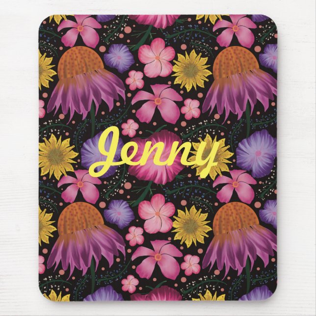 Wildblume Black Floral Personalisiert Mousepad (Vorne)