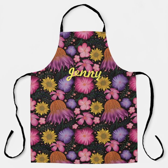 Wildblume Black Floral Personalisierte Schürze (Vorderseite)