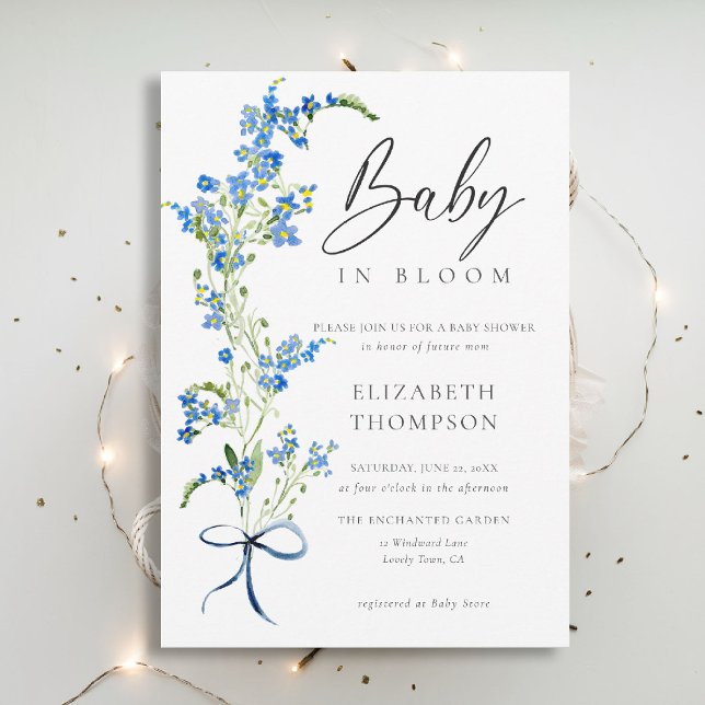Wildblume Bloom Soft Blue Bow Elegant Baby Dusche Einladung (wildflowers baby shower invitation blue in bloom watercolor bow elegant garden rustic chic boho)