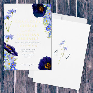 Wildblume Blue and Gold Rustic Wedding Folieneinladung