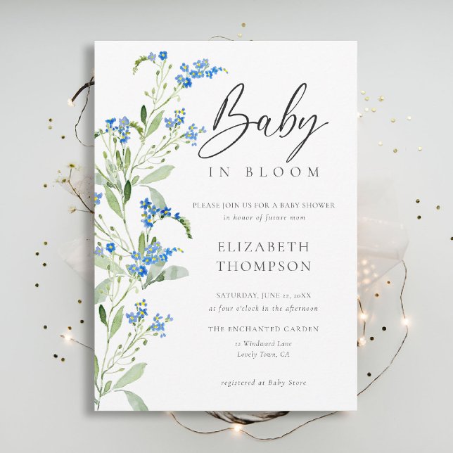 Wildblume Blue Bloom Floral Elegante Babydusche Einladung (wildflowers baby shower invitation blue in bloom watercolor arch elegant garden rustic chic boho)