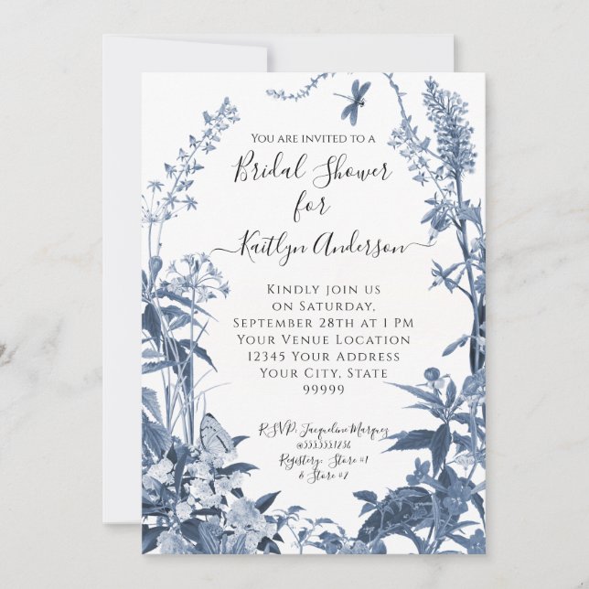 Wildblume Blue n White Floral Bees Brautparty Einladung (Vorderseite)