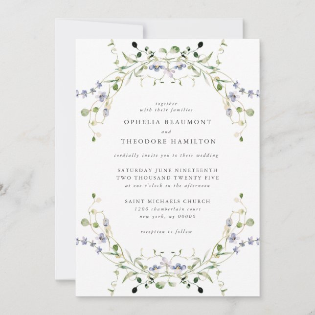 Wildblume Blue Watercolor Elegante Hochzeit Einladung (Vorderseite)