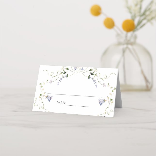 Wildblume Blue Watercolor Elegante Hochzeit Platzkarte (Vorderseite)