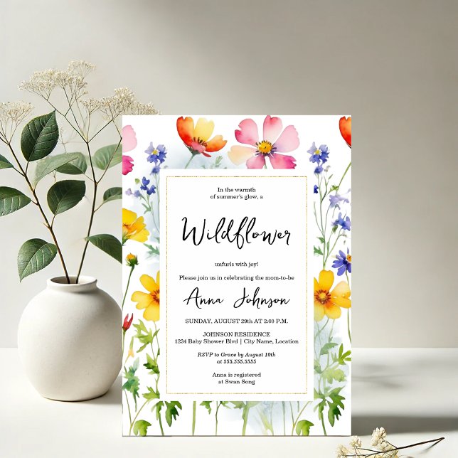 Wildblume Blühen Kinderdusche Einladung (Vibrant and elegant blooming wildflower baby shower invitation front view)