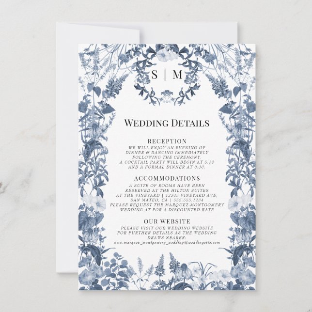 Wildblume Blumenblau und Weiße Hochzeiten Details Einladung (Vorderseite)