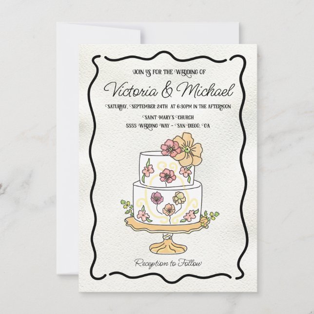 Wildblume Blumengarten Hochzeitskuchen Handgezeich Einladung (Vorderseite)