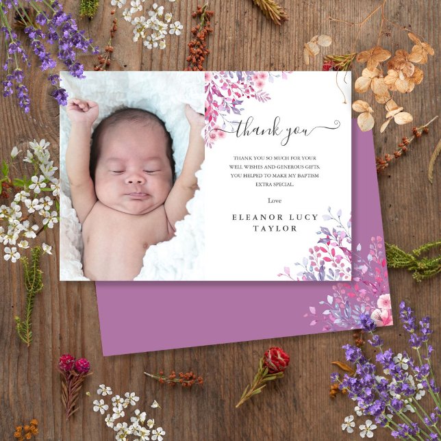 Wildblume Blumentaufen Christening Foto Dankeskarte (Wildflower Floral Baptism Christening Photo Thank You Card)