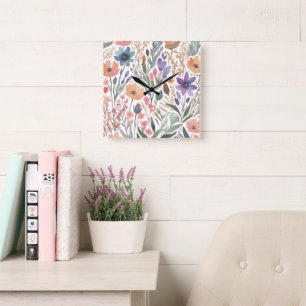Wildblume Boho Aquarellfarben Pastell Dekor Quadratische Wanduhr