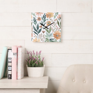 Wildblume Boho Aquarellfarben Pastell Dekor Quadratische Wanduhr