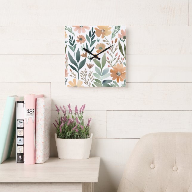 Wildblume Boho Aquarellfarben Pastell Dekor Quadratische Wanduhr (Lesesaal)