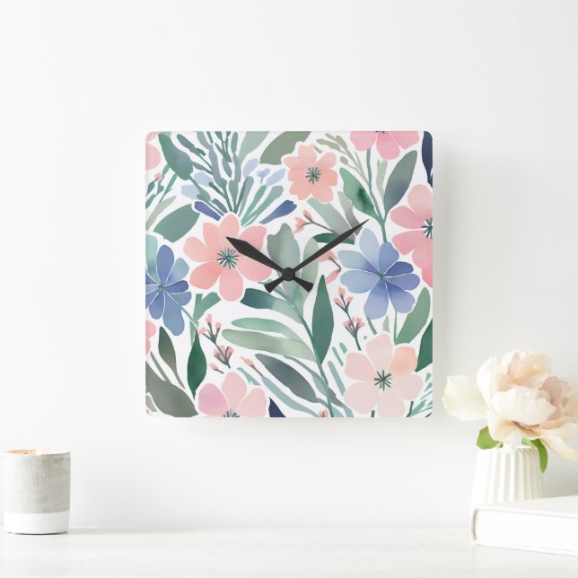 Wildblume Boho Aquarellfarben Pastell Dekor Quadratische Wanduhr (Zuhause)