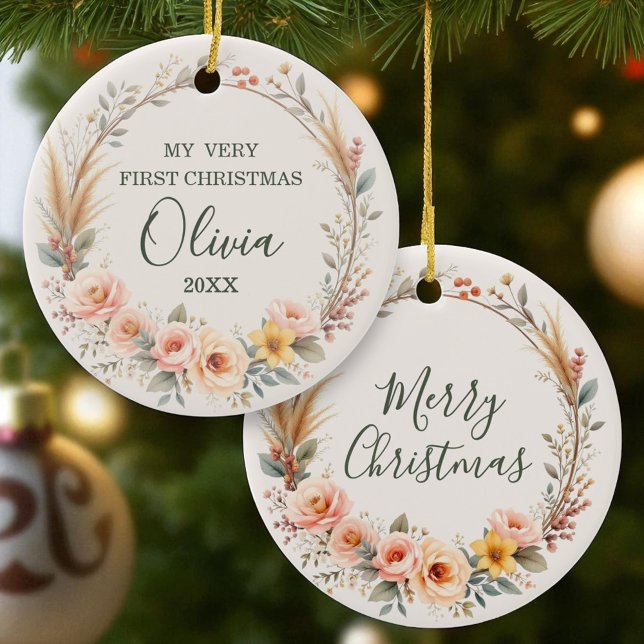 Wildblume Boho Baby First Christmas Personalisiere Keramik Ornament (Von Creator hochgeladen)